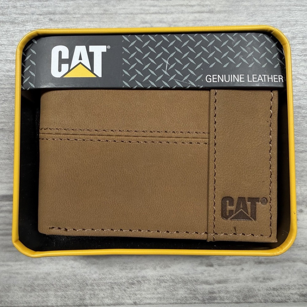 CAT CATERPILLAR GENUINE LEATHER BI-FOLD  RFID SHIELD MEN WALLET COLOR TAN NEW